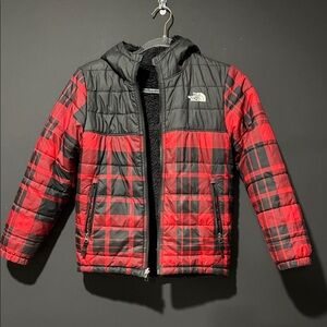 Boys The North Face Red and Black Checkered Reversible Jacket